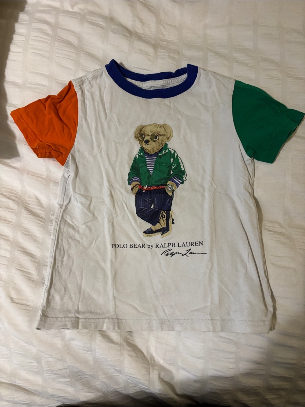 Polo by Ralph Lauren White Tee with Orange & Green Sleeves and Blue Neck